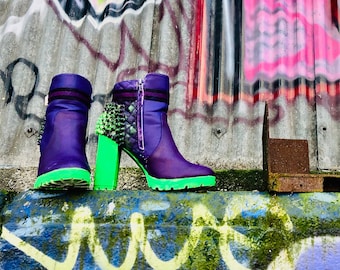 Mal Purple and Green Descendant Chunky Heeled Boots Punk Graffiti Spike Ankle Boots for Cosplayers and Brides Gothic Maleficent High Heels Etsy