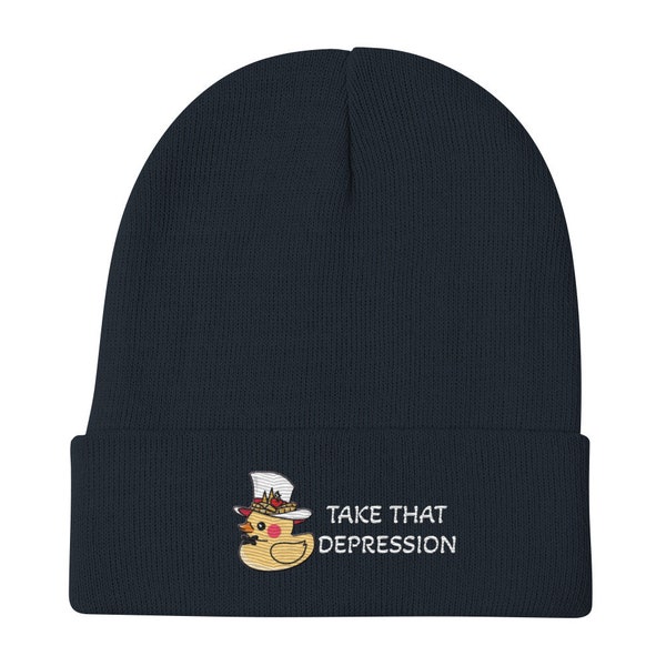 Take that Depression Embroidered Beanie, Hazbin Hotel Quote Hat, Self-Help Quote, Lucifer Duck Graphic Cap, Funny Quote Wool Hat, Geek Gift