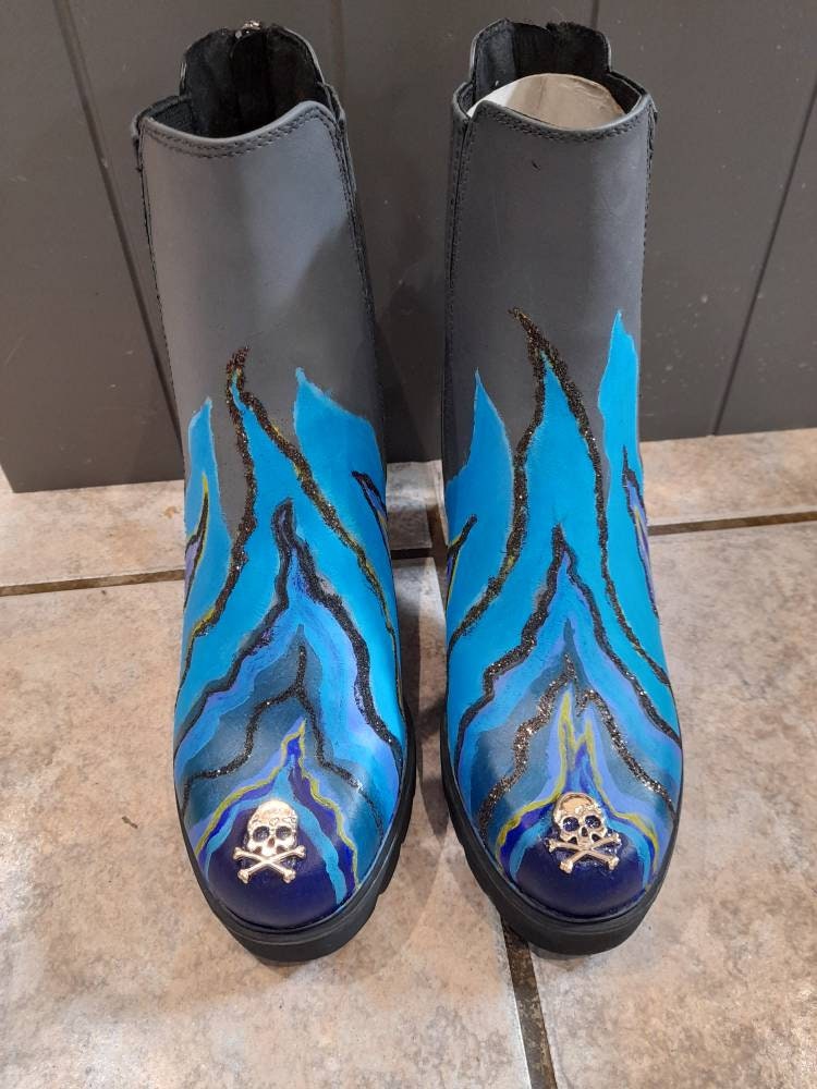 Grey Ankle Boots Blue Flame Shoes Combat Boots Disney Etsy