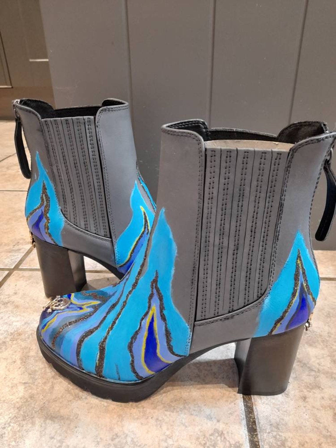 Grey Ankle Boots Blue Flame Shoes Combat Boots Disney Etsy