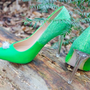 Green Glitter Tinkerbell Pumps, Glitter Heeled Shoe, Custom Disney Shoes, Court Shoes, Fairy High Heels, Vegan Wedding Shoe, Cosplay Shoe