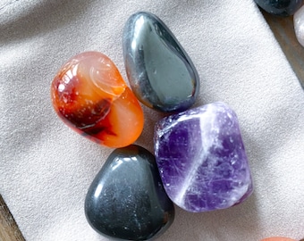 PROTECTION Crystal Set: Hematite, Black Tourmaline, Carnelian, Amethyst - Energy Vampire - Cleanse -Home protection, safe travel