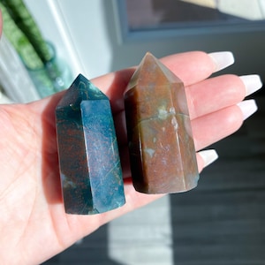 SET: Two (2) Saturated Moss Agate Tower Duo