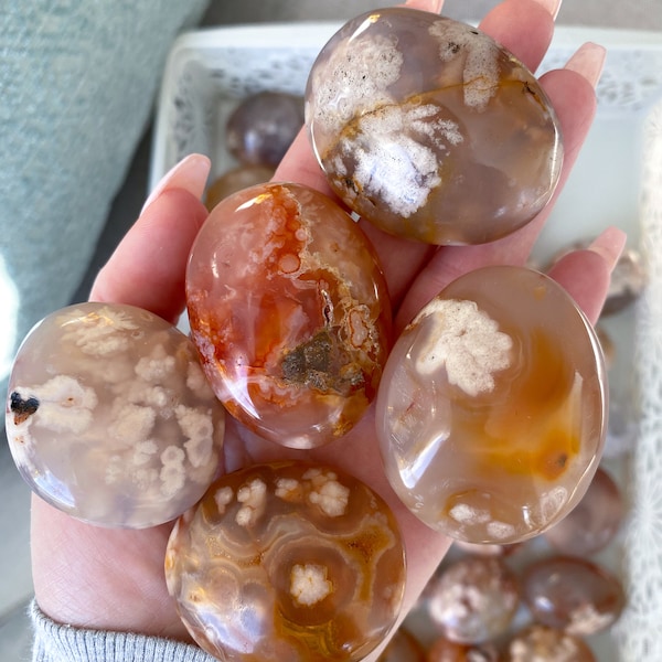 HAPPY Flower Agate Palm Pebble Stone - Cherry Blossom - Cheerful - Spiritual Growth - New Beginnings