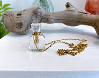 Clear Quartz Perfume Bottle Necklace - Essential Oil Holder - Unique - Gold Plated Brass