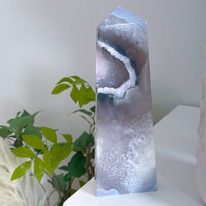 7" Druzy Grey, Green Agate Sliced Tower Freestanding - Increase Energy - Calm Nerves - Crystal Therapy