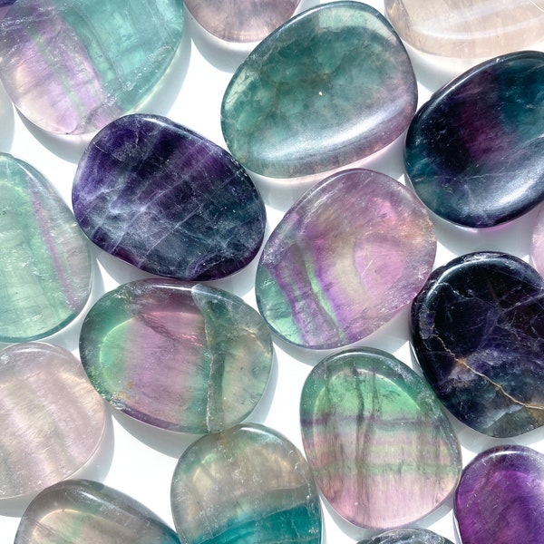 Rainbow Fluorite Worry Stone - Concentration Crystal - Balance - Intellect - Protection - Aura Cleanse - Communication - Visions