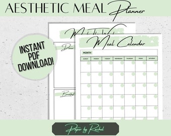 Aesthetic Meal Planner, Printable Monthly and Weekly Meal Planner Bundle, Bulk Grocery Shop Planning