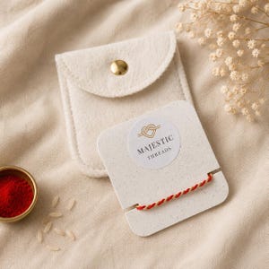 May include: A cream-colored felt pouch with a gold snap button and a white display card featuring the text MAJESTIC THREADS and a heart knot logo. A twisted red and gold cord bracelet is attached to the card, alongside a small bowl of red powder.