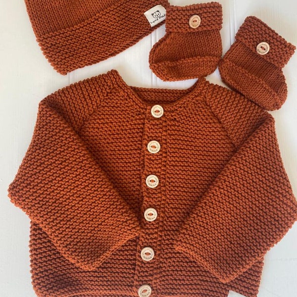 NEW COLOURS! Baby Gift, Baby Shower Gift, Baby Cardigan, hat & booties, Baby hat, Hand Knitted baby clothes, Handmade, Scottish knitting