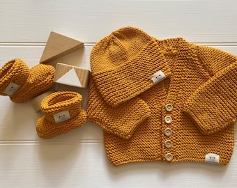 Hand Knitted Baby Cardigan Set, Hat and Booties, Scottish Knit