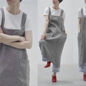 LINEN APRON PINAFORE Washed linen apron for cooking, gardening, Japanese Apron, Soft Cross Back Apron, Pure Linen, crossover apron