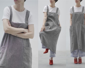 LINEN APRON PINAFORE Washed linen apron for cooking, gardening, Japanese Apron, Soft Cross Back Apron, Pure Linen, crossover apron