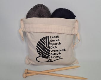 Yarn Weights Roll Call Handmade Cotton Drawstring Knitting Project Bag, Yarn Bag | Gift for Knitter | Made in Canada FREE Shipping in Canada