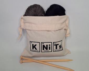 KNITS Table of Elements Themed Cotton Drawstring Knitting Project Bag, Yarn Bag | Gift for Knitter | Made in Canada, FREE Shipping in Canada