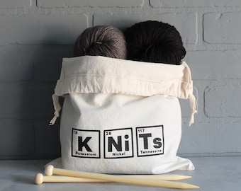 KNITS Table of Elements Themed Cotton Drawstring Knitting Project Bag, Yarn Bag | Gift for Knitter | Made in Canada, FREE Shipping in Canada