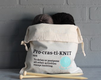 ProcrastiKNIT Handmade Cotton Drawstring Knitting Project Bag, Yarn Bag | Gift for Knitter | Made in Canada, FREE Shipping in Canada