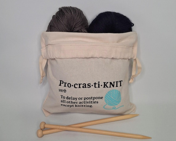 ProcrastiKNIT Handmade Cotton Drawstring Knitting Project Bag, Yarn Bag | Gift for Knitter | Made in Canada, FREE Shipping in Canada