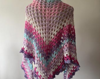 Crochet Shawl Pink, Blue and White