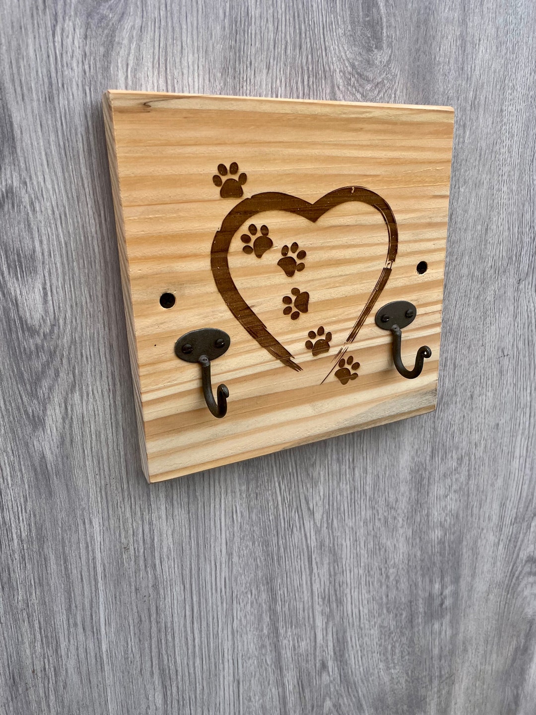 Dog Lead Hanger Heart Paw Two Hooks Wall Mounted Wood Etsy