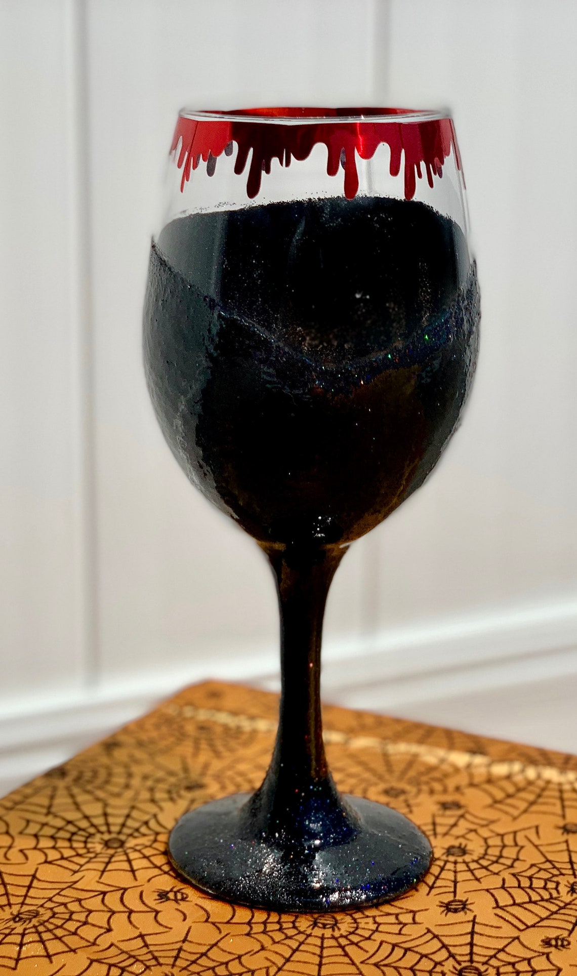 Halloween Spooky Black Glitter Stemmed Wine Glass With Blood Etsy