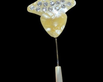 Spilla geometrica Art Déco antica in celluloide con strass, gioiello vintage