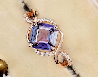 Asscher Cut Alexandrite Engagement Ring - Unique Art Deco Ring Twisted Band in 14K Gold | Vintage Open Work Wedding Ring Women Promise Ring
