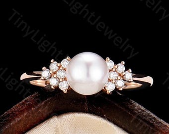 Vintage Akoya Pearl Engagement Ring, Round Moissanite Cluster Ring, Elegant Diamond Bridal Promise Ring, Unique Anniversary Gift for women