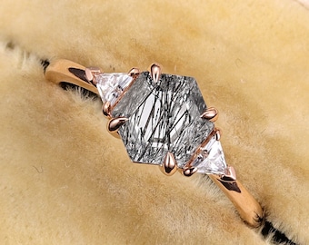 Vintage Hexagon promise ring Black rutilated quartz engagement ring rose gold art deco unique pear cut engagement ring Anniversary ring