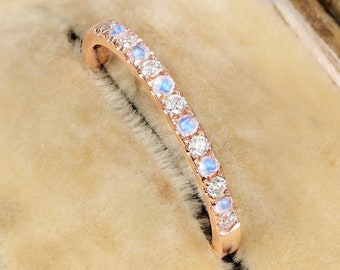 Moonstone&Moissanite wedding band, Vintage ring, rose gold band, round cut ring, matching band, Half Eternity band,Delicate Anniversary gift