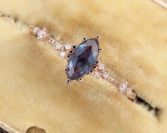 Marquise Cut Alexandrite Ring Diamond Accents, Vintage Art Deco Milgrain Engagement Anniversary Ring, Antique Classic Jewelry Gift for Her