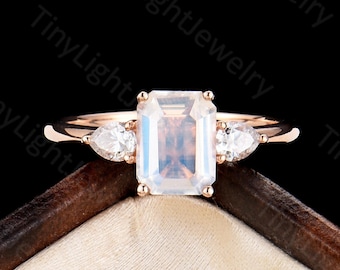 Art deco Moonstone engagement ring rose gold Emerald shape ring  pear cut moissanite ring Diamond ring vintage ring unique Anniversary ring