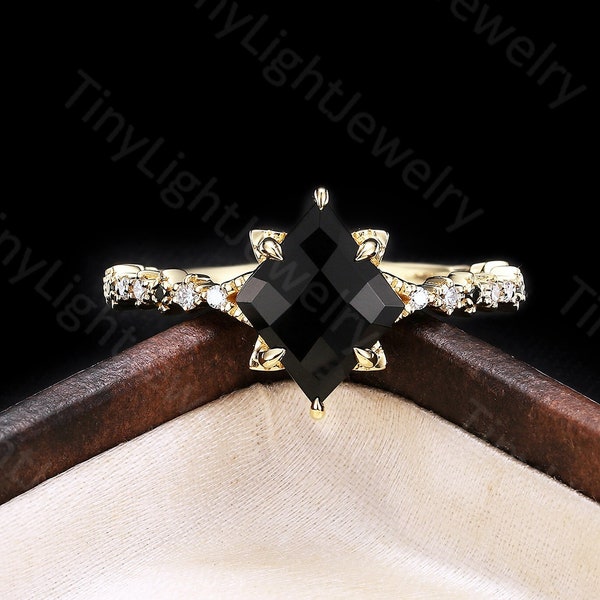 Vintage Black Onyx engagement ring Art deco Rhombus cut onyx ring yellow gold Milgrain ring diamond ring moissanite ring Anniversary