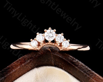 Vintage Moissanite/Diamond Curved Wedding Band rose gold round shaped cut diamond matching stacking ring art deco ring antique anniversary