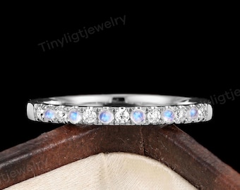 Elegant Moonstone Moissanite Half Eternity Band, Dainty Stacking Ring, Vintage Anniversary Band