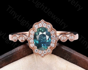 Teal sapphire engagement ring antique oval blue green sapphire ring unique moissanite halo Rose Gold Art deco ring peacock ring