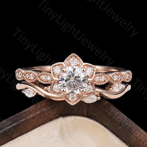 Floral Moissanite bridal set Round ring Art deco ring Rose gold ring Vintage wedding ring unique ring set Moissanite Anniversary ring