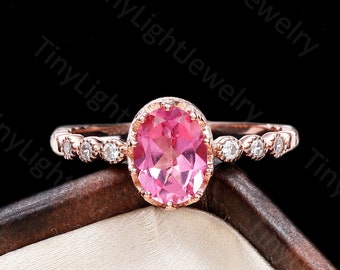 Natural Pink sapphire engagement ring 6*8mm oval cut sapphire vintage women ring round shape diamond/moissanite unique ring Anniversary ring