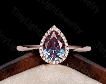 Vintage Pear Alexandrite Engagement Ring, Rose Gold Moissanite Halo Wedding Band, Anniversary Gift Women