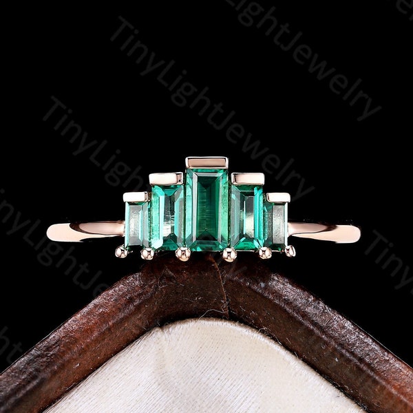 Emerald engagement ring Art deco baguette cut engagement ring vintage five stone ring rose gold wedding ring unique ring Anniversary ring