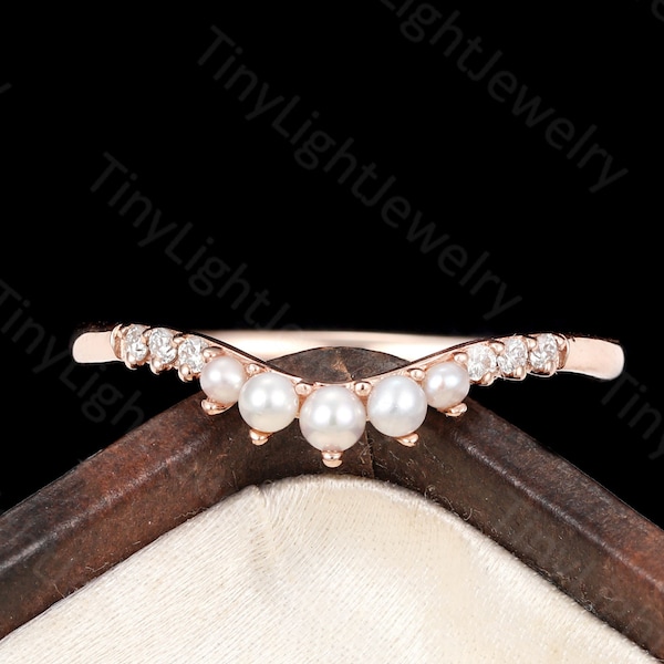 Pearl wedding band Vintage Moissanite& Pearl curved wedding band round pearls Rose Gold Ring Half Eternity Prong set ring Anniversary ring