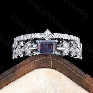 Unique octagon shaped Lab-Alexandrite engagement ring white gold leaf band ring set brilliant bridal ring set delicate anniversary ring