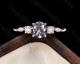 Alexandrite engagement ring Round alexandrite ring art deco wedding ring Vintage diamond ring Unique moissanite ring Anniversary gift