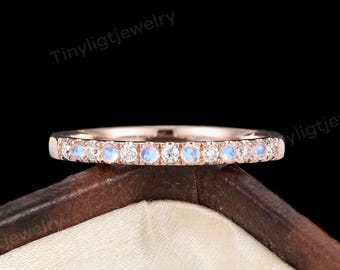 Moonstone&Moissanite wedding band, Vintage ring, rose gold band, Round ring, matching band, Half Eternity band,Delicate Anniversary gift