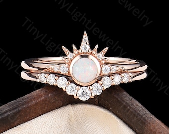 Opal engagement ring set rose gold ring round cut opal ring vintage moissanite diamond ring unique bridal set Anniversary ring delicate ring