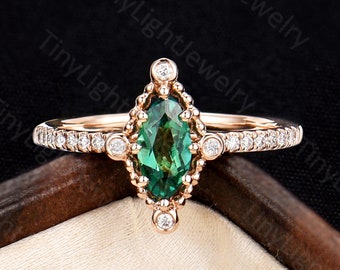 Emerald engagement ring Marquise Cut lab emerald ring Rose Gold Vintage Moissantie ring Diamond Bridal ring Antique Anniversary wedding ring