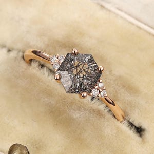 Black Rutilated Quartz Engagement Ring in 14K Rose Gold - Art Deco Hexagon Wedding Ring Women | Vintage Moissanite Promise Ring By Tinylight