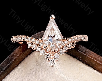 Vintage kite moissanite engagement ring women art deco moissanite pave ring rose gold unique chevron ring prong set anniversary promise ring