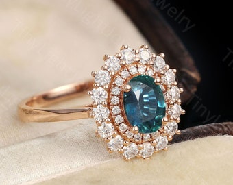 Blue Green sapphire engagement ring oval cut teal sapphire vintage rose gold ring women rings diamond moissanite unique ring Anniversary