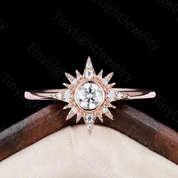 Unique Moissanite engagement ring, Round cut moissanite engagement ring rose gold ring halo ring wedding ring art deco Anniversary ring